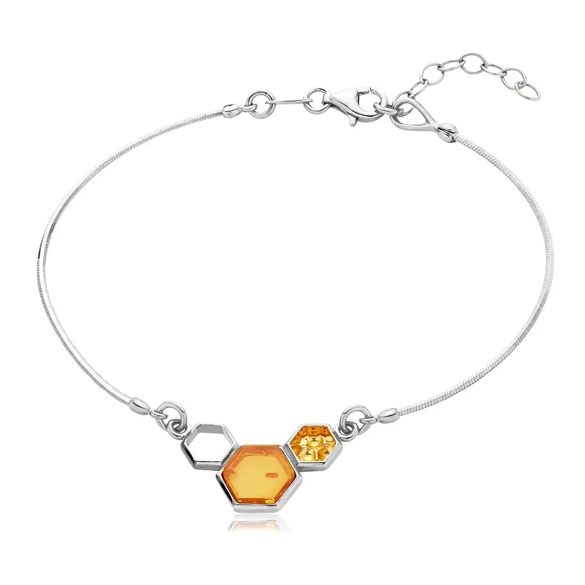 Bransoletka srebrna plaster miodu z bursztynem Honeycomb