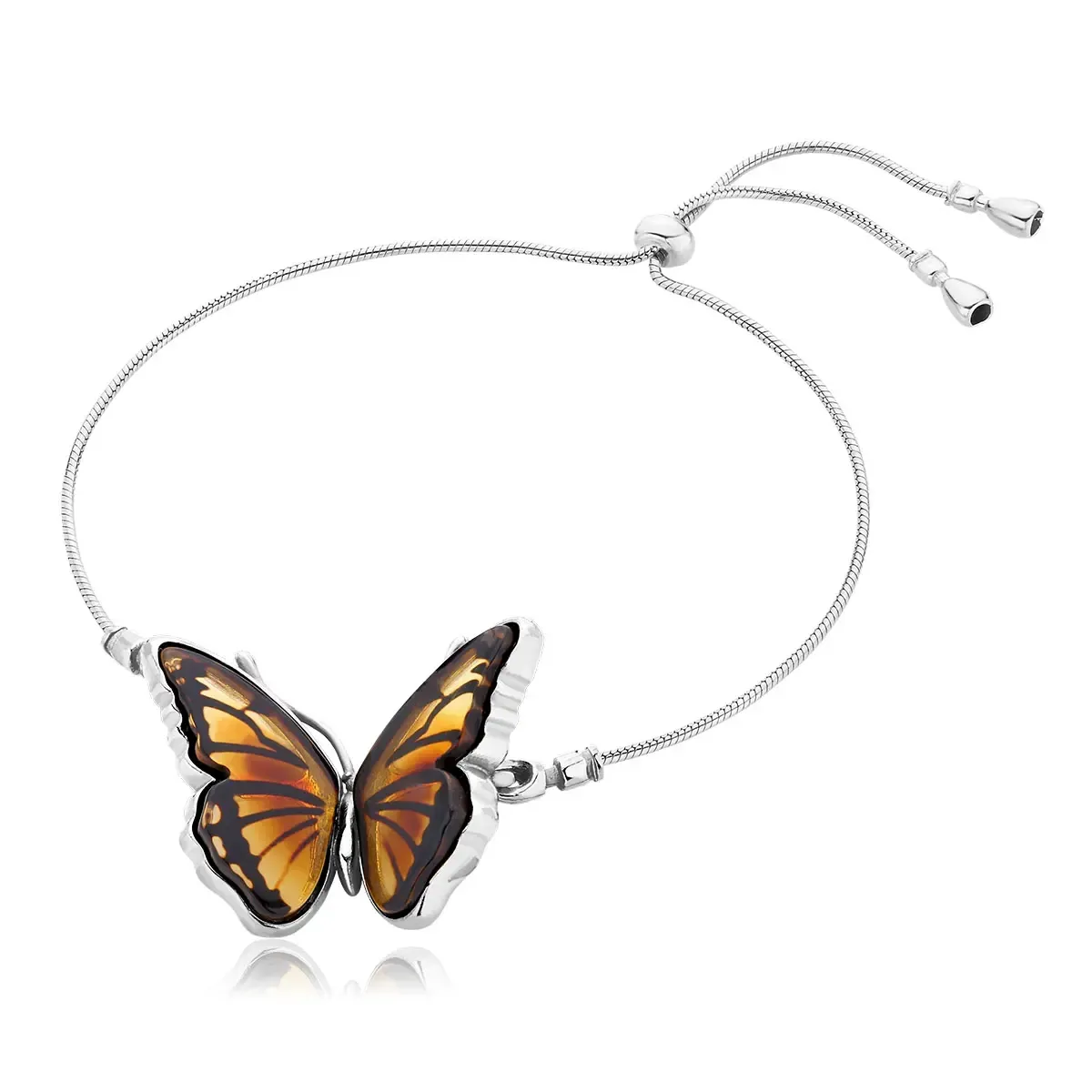 Bransoletka srebrna motyl z bursztynem Butterfly Kiss