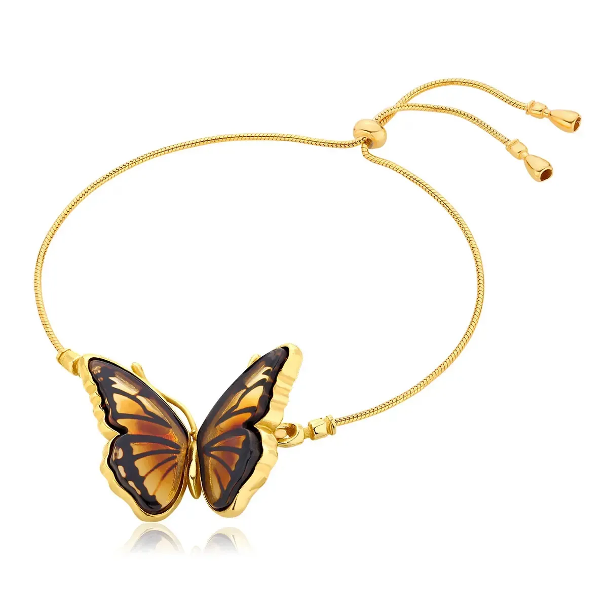 Bransoletka srebrna pozłacana motyl z bursztynem Butterfly Kiss
