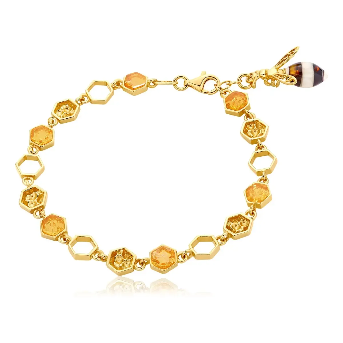 Bransoletka srebrna pozłacana pszczoła z bursztynem  Sweet Bee