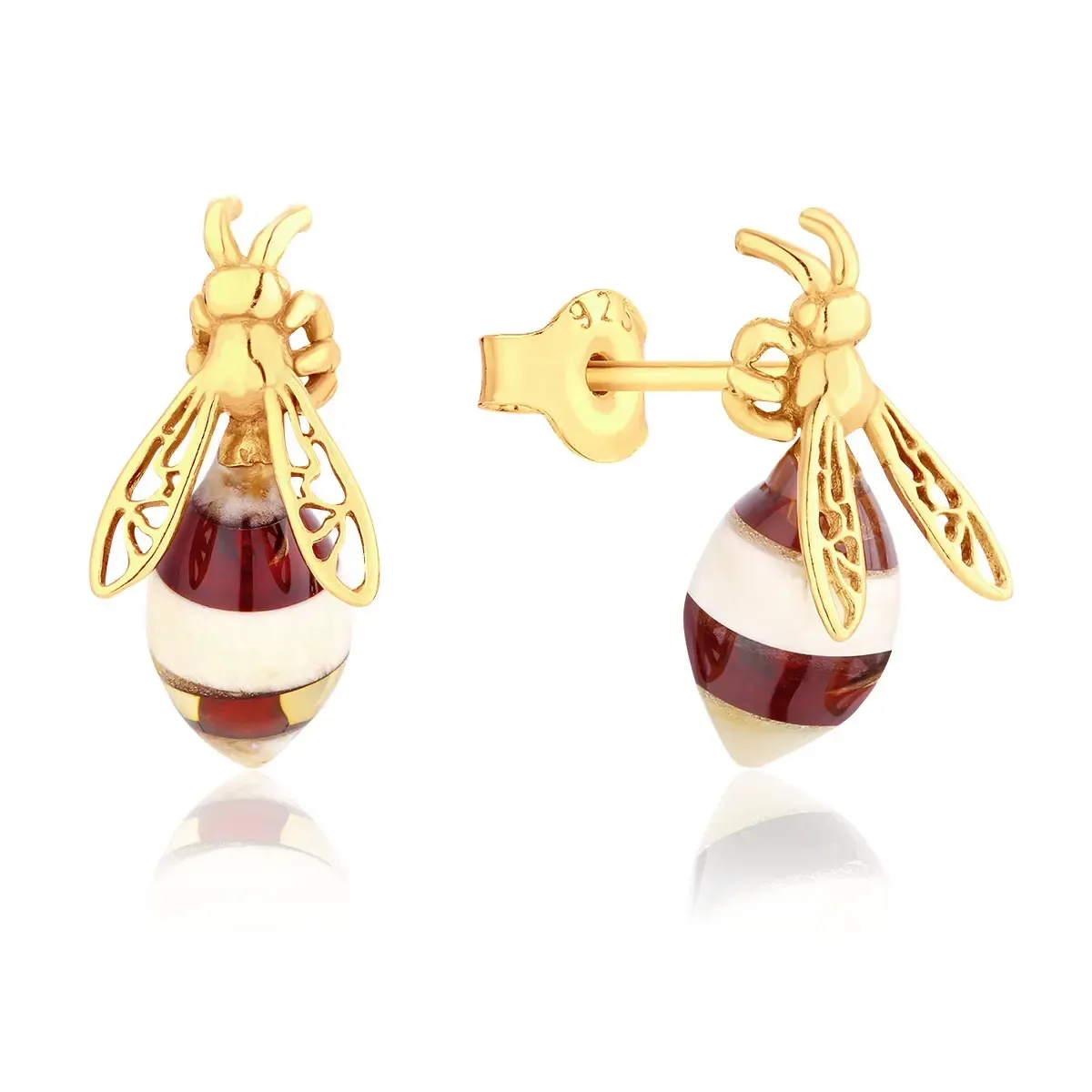 Kolczyki srebrne pozłacane pszczoły z bursztynem Bees
