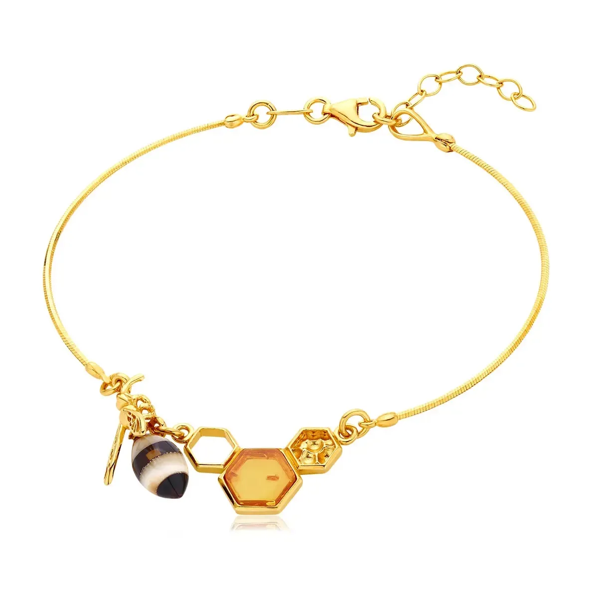 Bransoletka srebrna pozłacana pszczoła z bursztynem Queen Bee