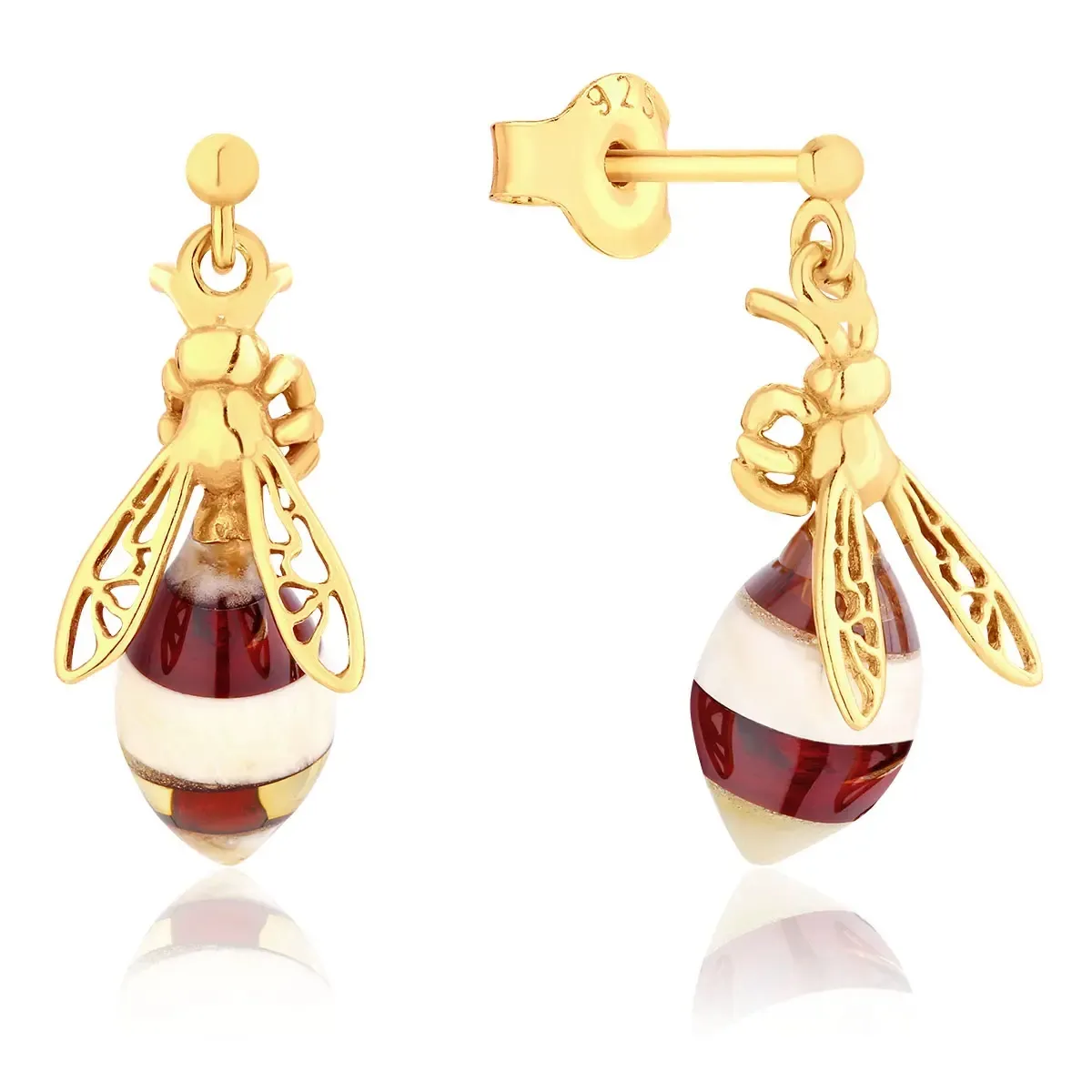 Kolczyki srebrne pozłacane pszczoły z bursztynem Busy Bees