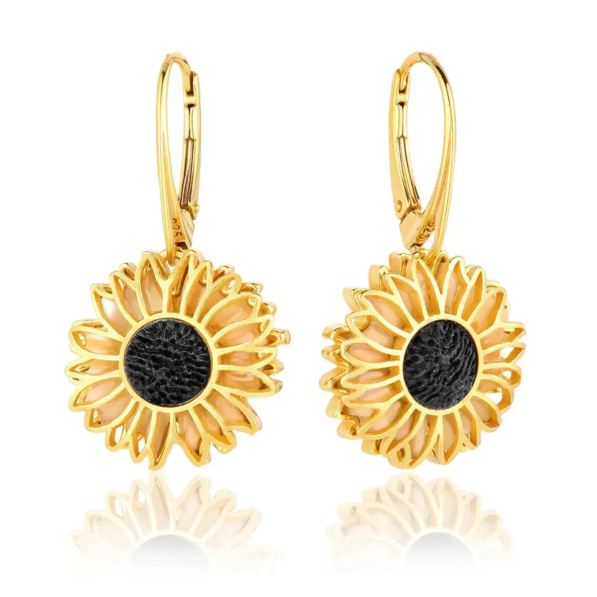 Kolczyki srebrne pozłacane słoneczniki z bursztynem