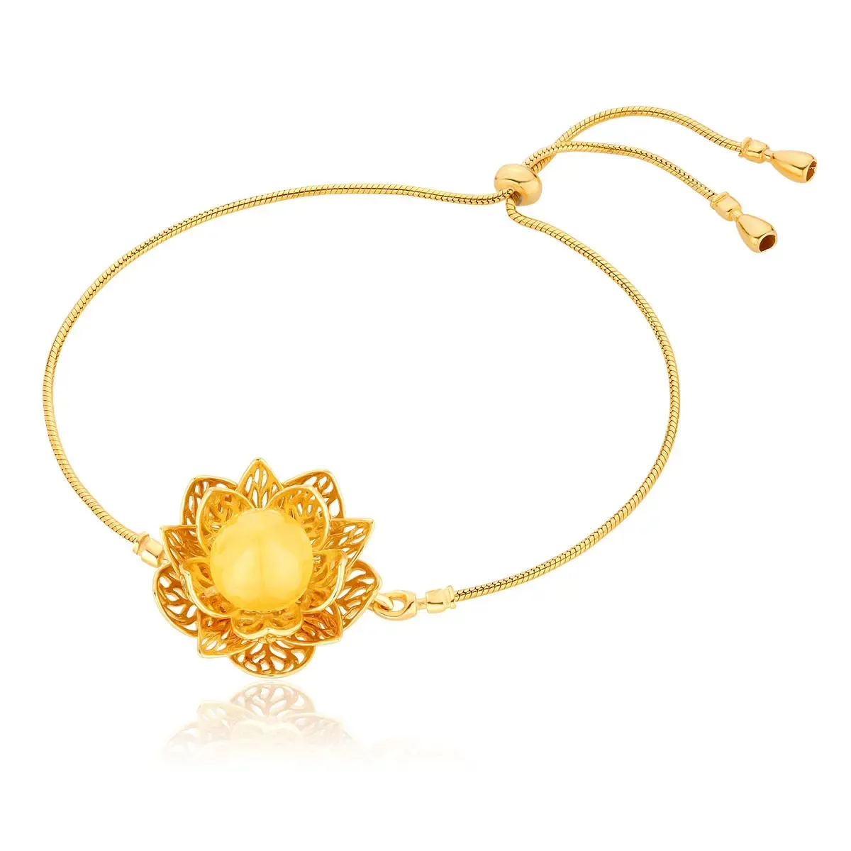 Bransoletka srebrna pozłacana kwiat lotosu z mlecznym bursztynem