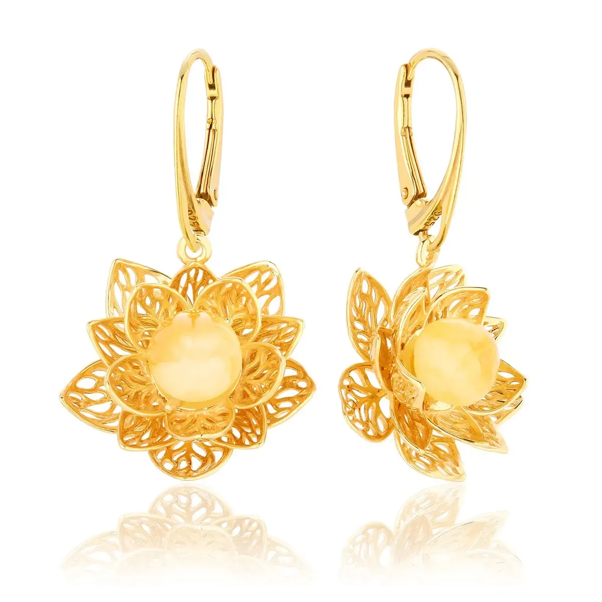 Kolczyki srebrne pozłacane kwiaty lotosu z mlecznym bursztynem