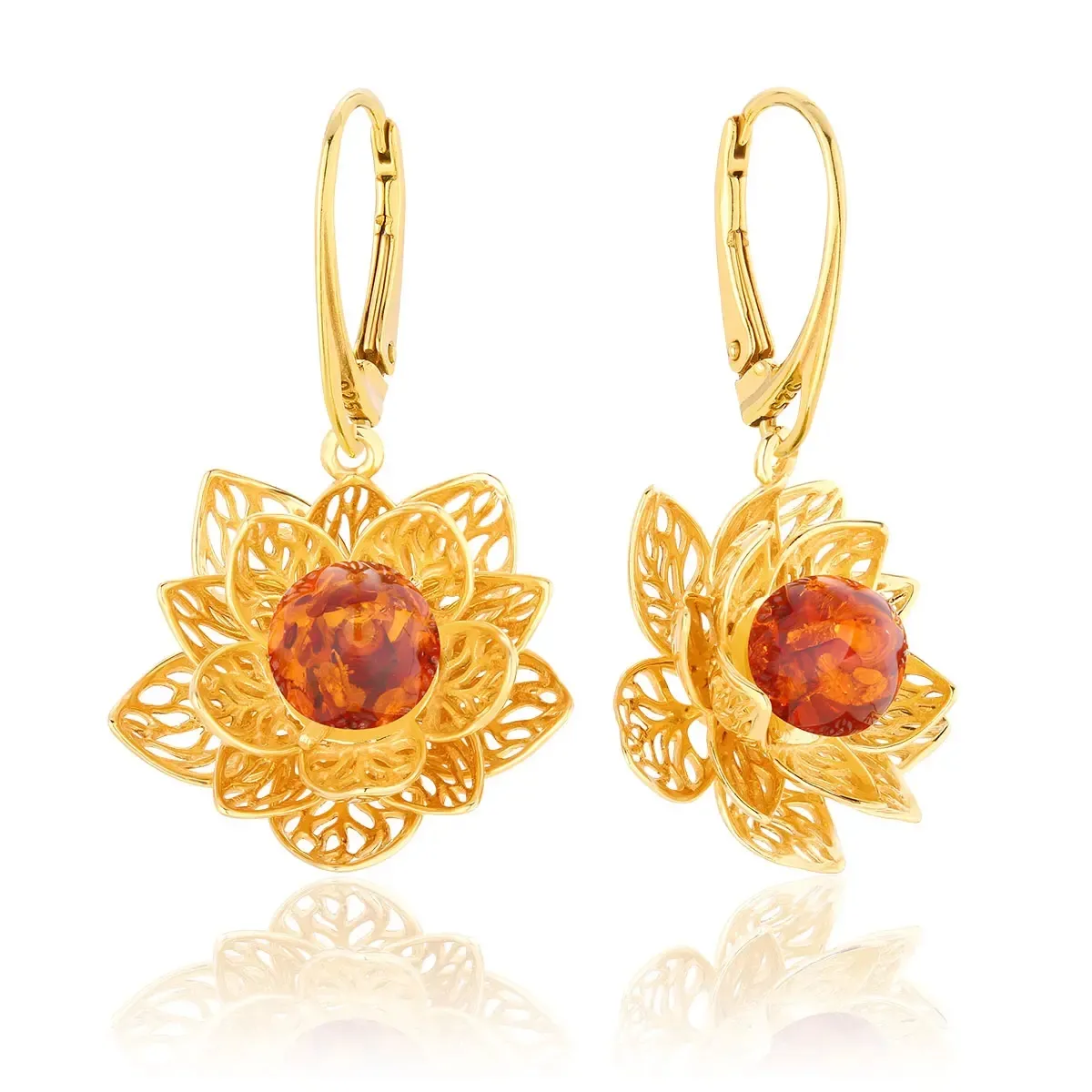 Kolczyki srebrne pozłacane kwiaty lotosu z koniakowym bursztynem