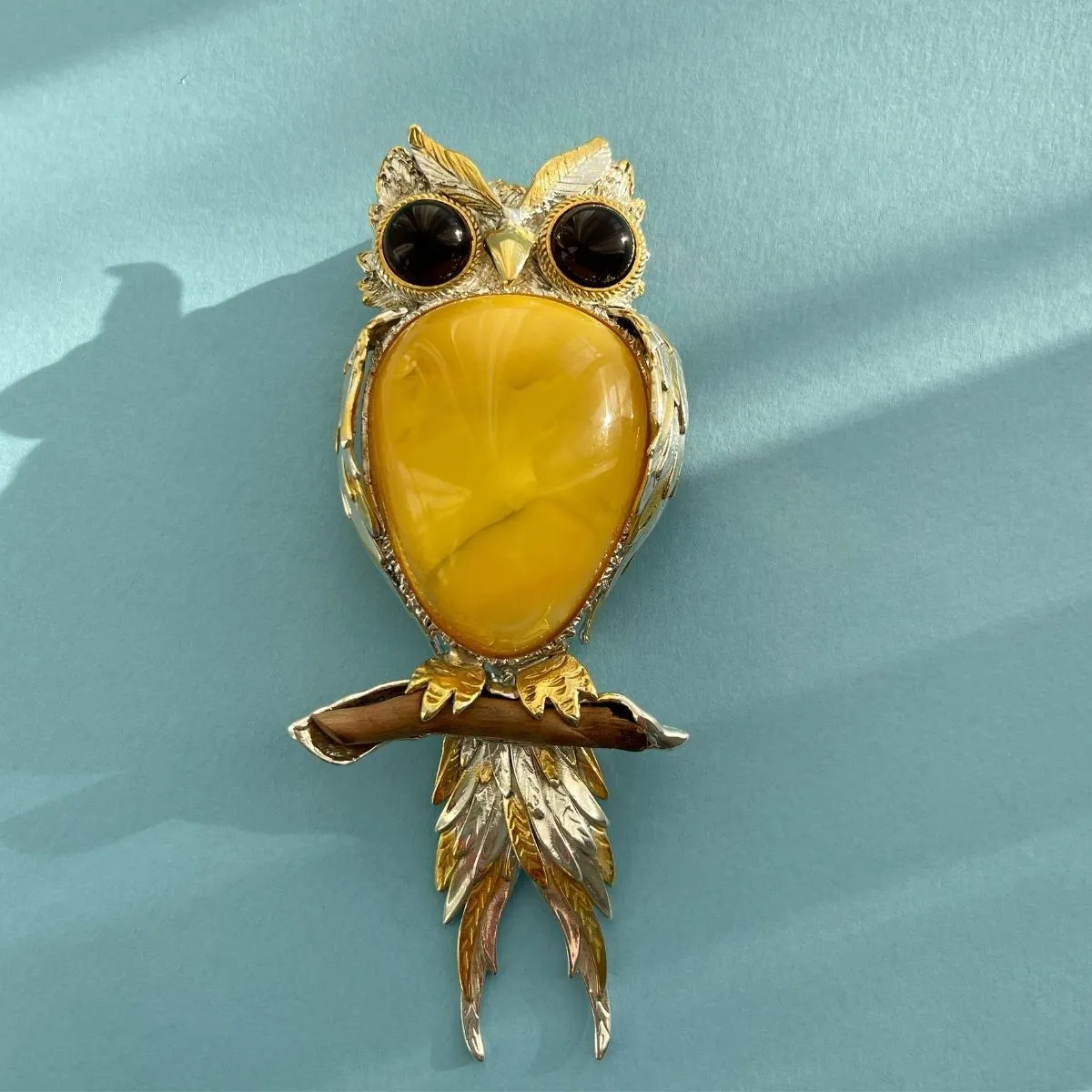 Wisiorek i broszka srebrna z bursztynem Sowa