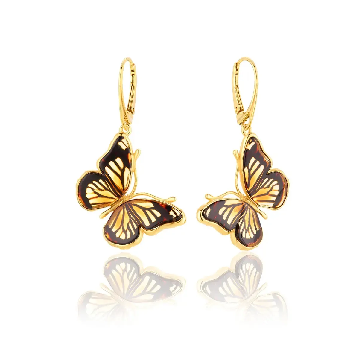 Kolczyki srebrne pozłacane motyle z bursztynem Butterfly Monarch