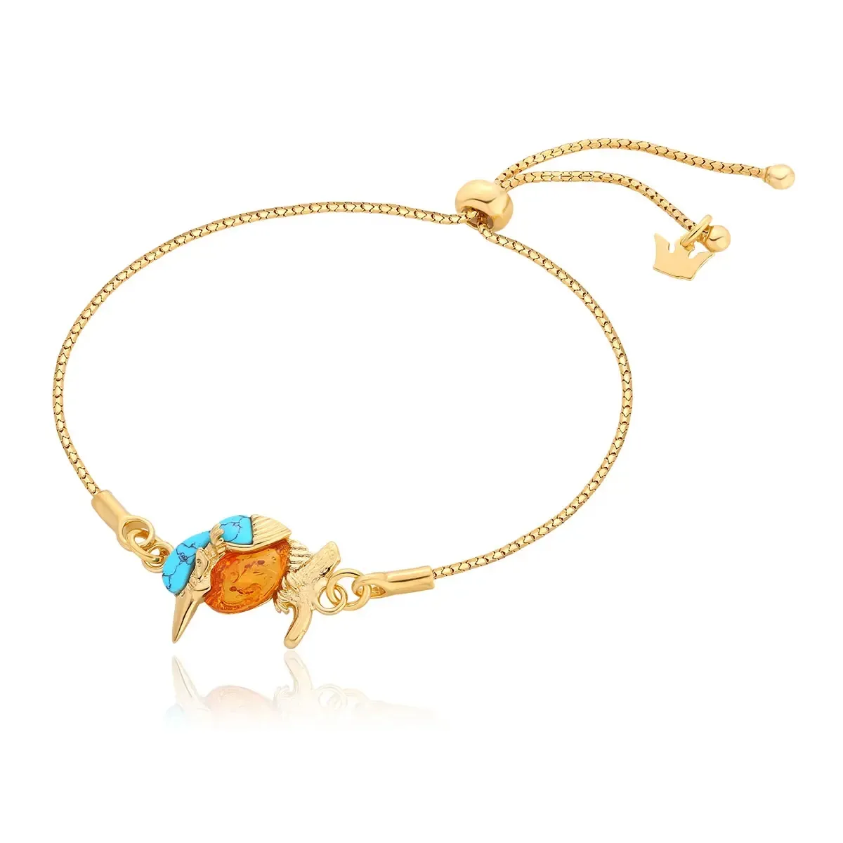 Bransoletka srebrna pozłacana regulowana zimorodek z bursztynem