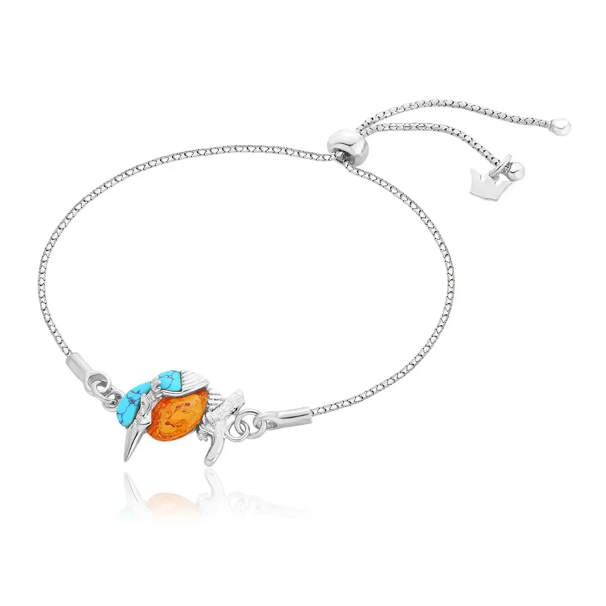 Bransoletka srebrna regulowana zimorodek z bursztynem