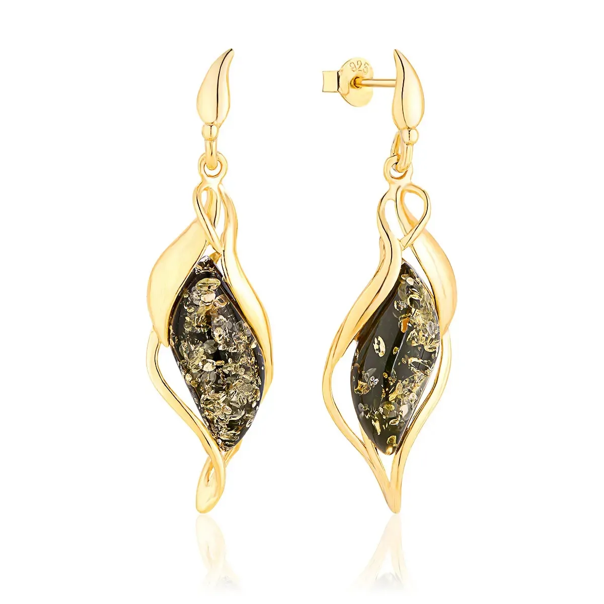 Kolczyki srebrne pozłacane markizy z zielonym bursztynem