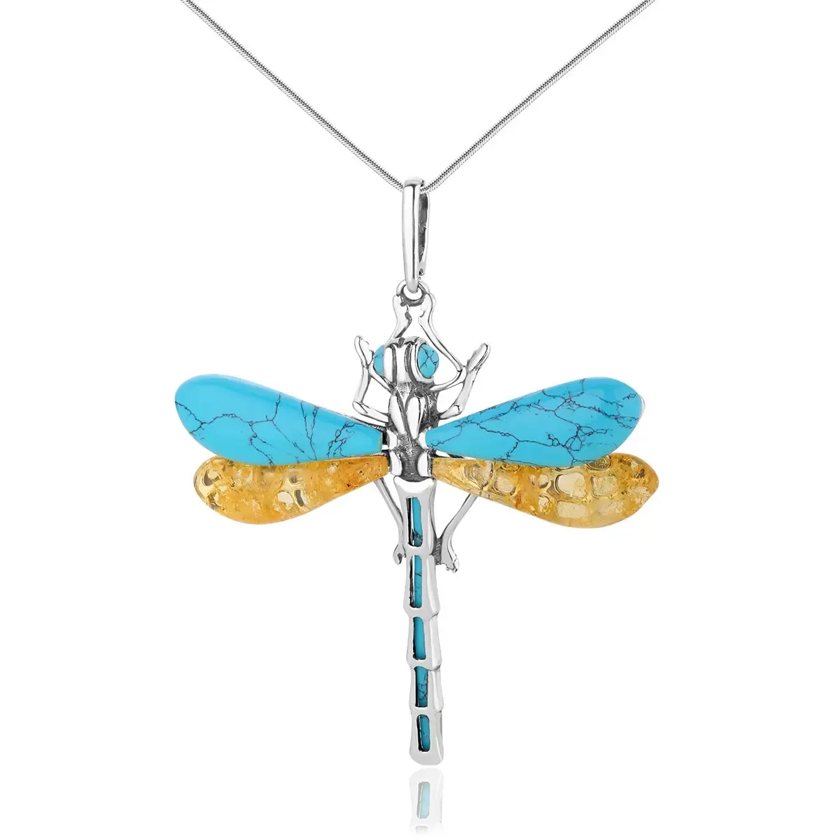 Zawieszka srebrna duża ważka z bursztynem cytrynowym i turkusem