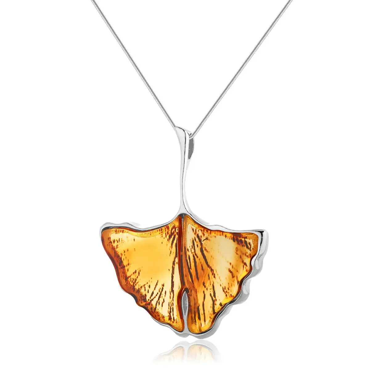 Zawieszka srebrna liść miłorzębu z bursztynem medium Ginkgo Leaf