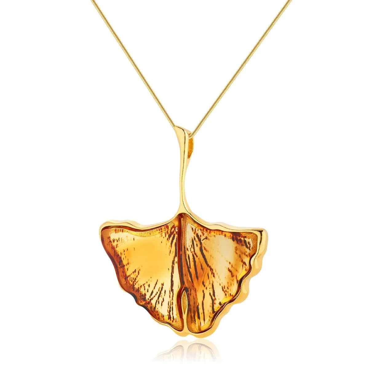 Zawieszka srebrna pozłacana liść miłorzębu z bursztynem medium Ginkgo Leaf