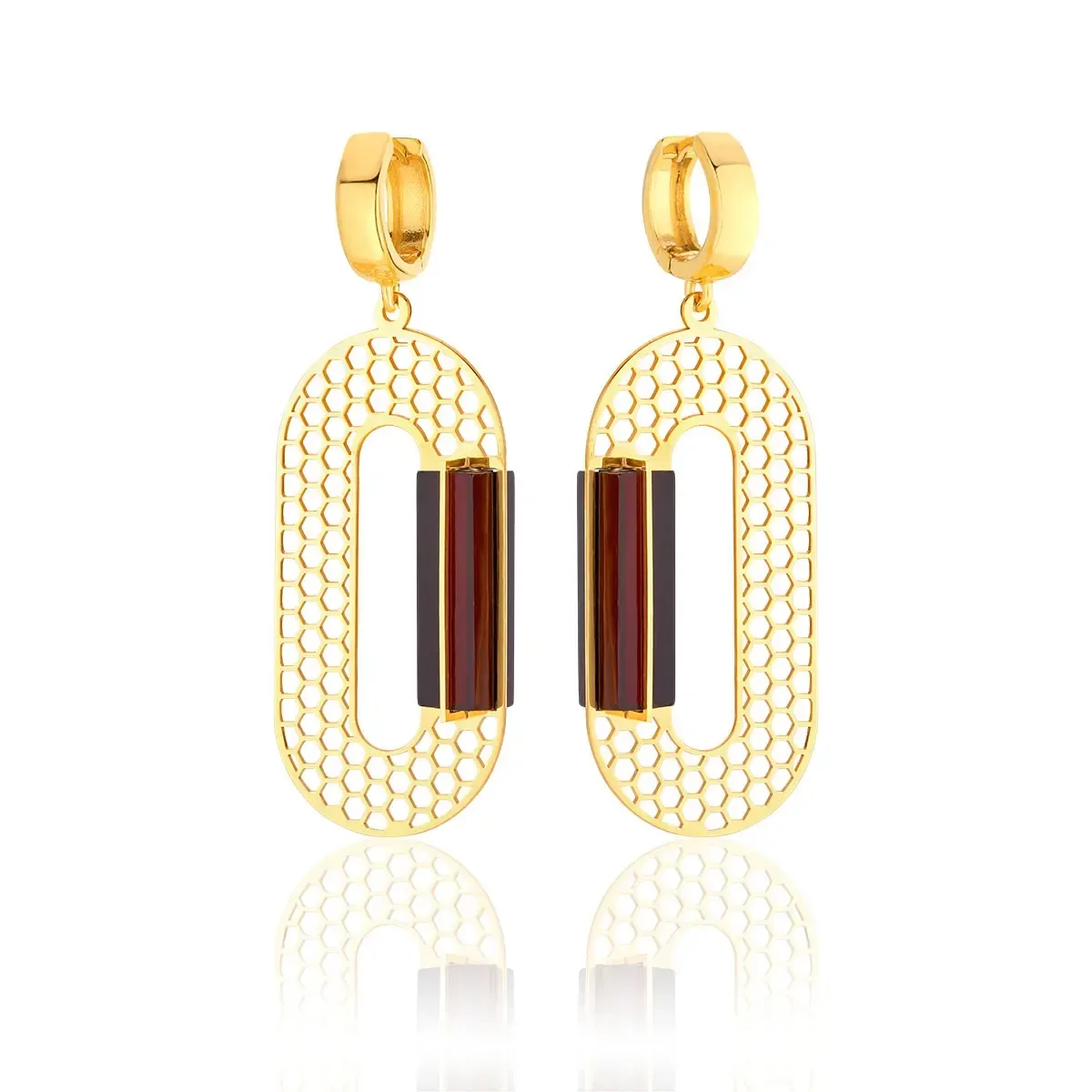 Kolczyki wiszące srebrne pozłacane z wiśniowym bursztynem Tor