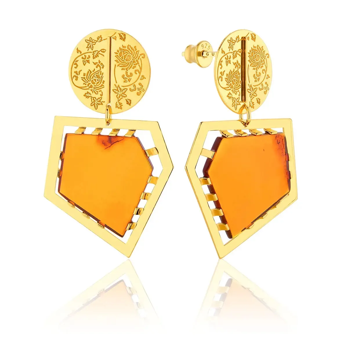 Kolczyki wiszące srebrne pozłacane z koniakowym bursztynem Baltic