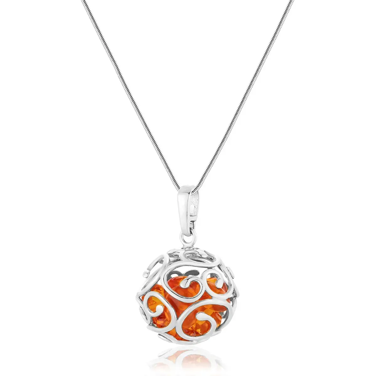 Zawieszka srebrna ażurowa kula z koniakowym bursztynem