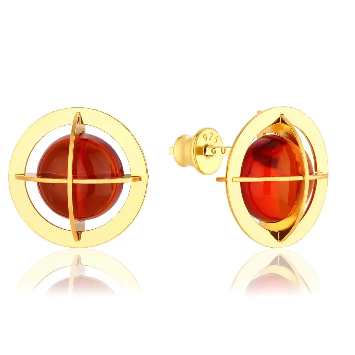 Kolczyki na sztyft srebrne pozłacane z koniakowym bursztynem Kopernicus