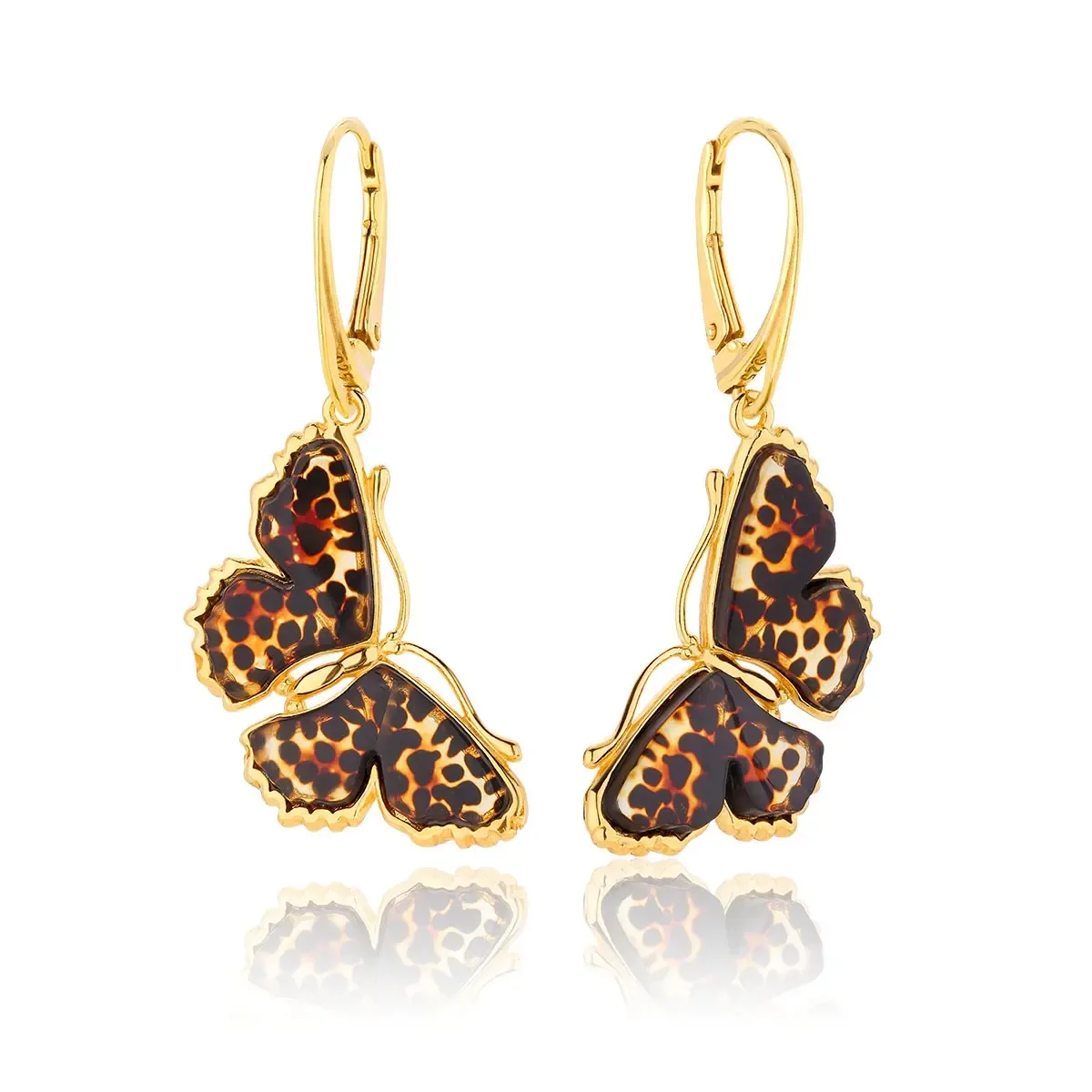 Kolczyki wiszące srebrne pozłacane motyle z bursztynem Butterfly Rustle