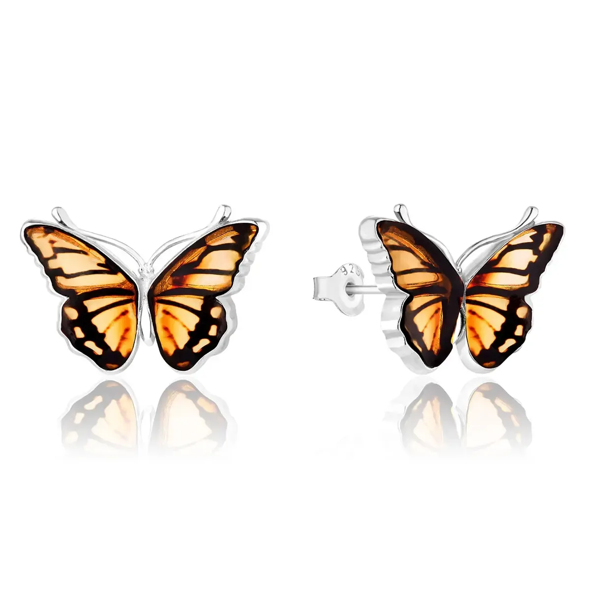 Kolczyki na sztyft srebrne motyle z bursztynem Butterfly Kiss