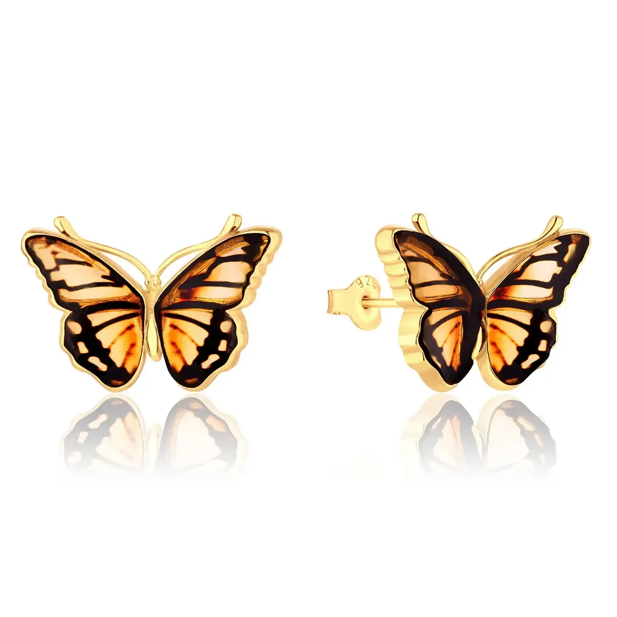 Kolczyki na sztyft srebrne pozłacane motyle z bursztynem Butterfly Kiss