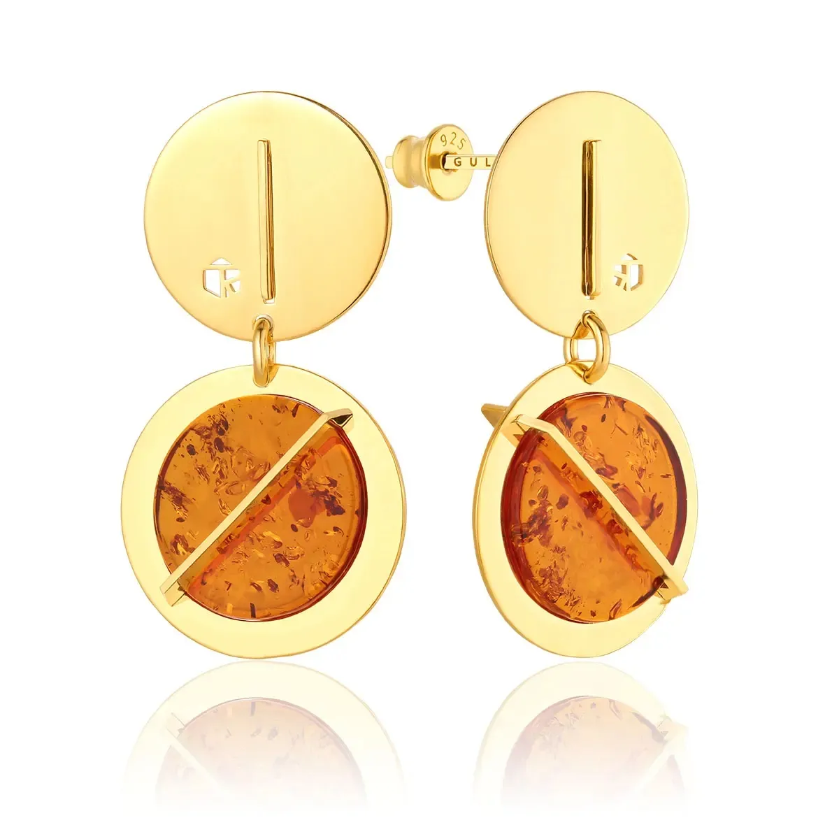 Kolczyki wiszące na sztyft srebrne pozłacane z koniakowym bursztynem Rondo