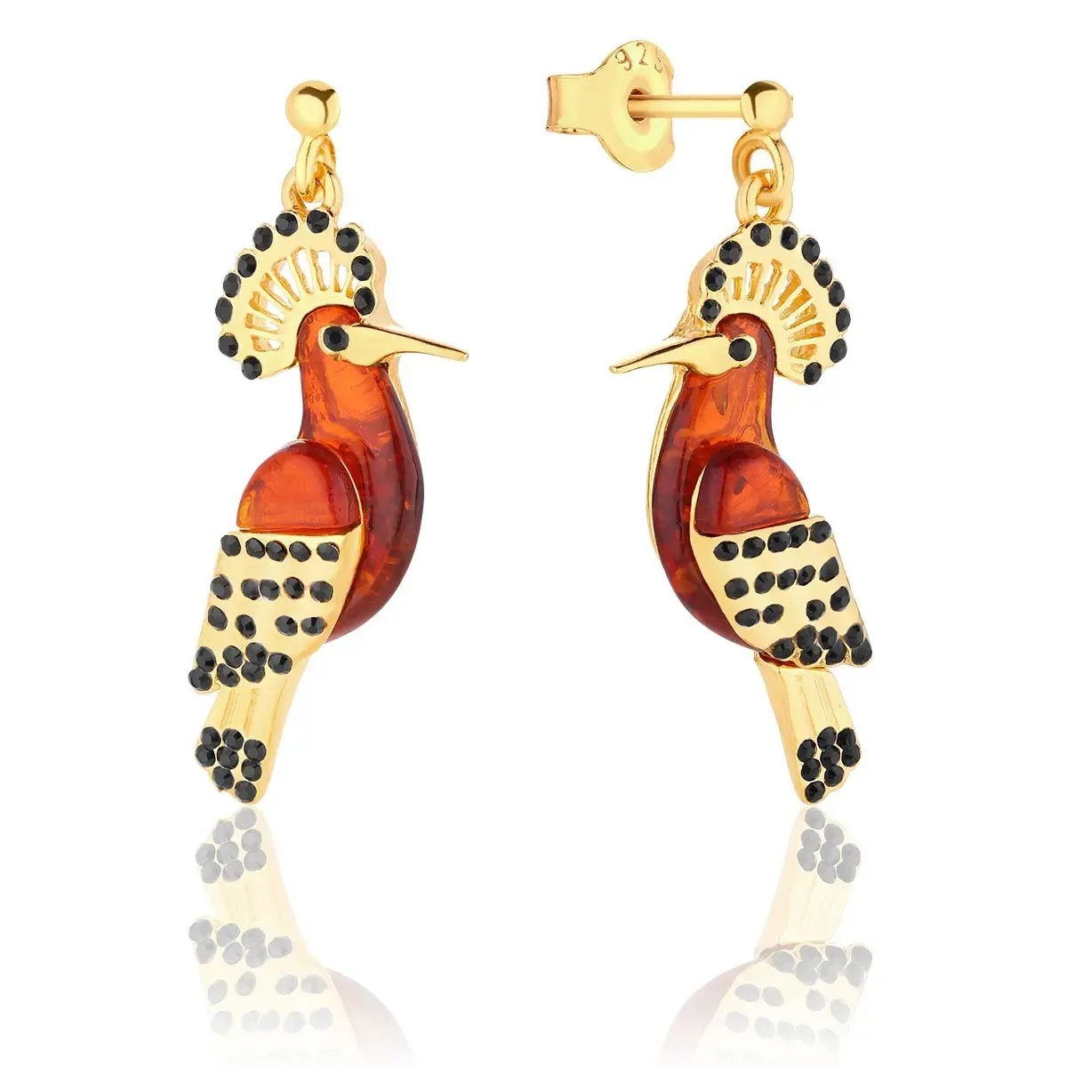Kolczyki srebrne pozłacane ptaszki dudki z bursztynem Hoopoes