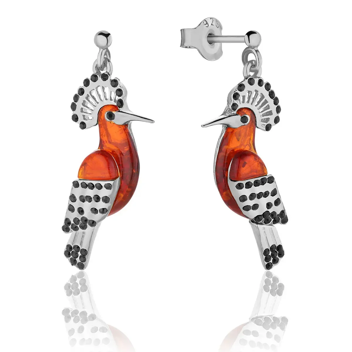 Kolczyki srebrne ptaszki dudki z bursztynem Hoopoes