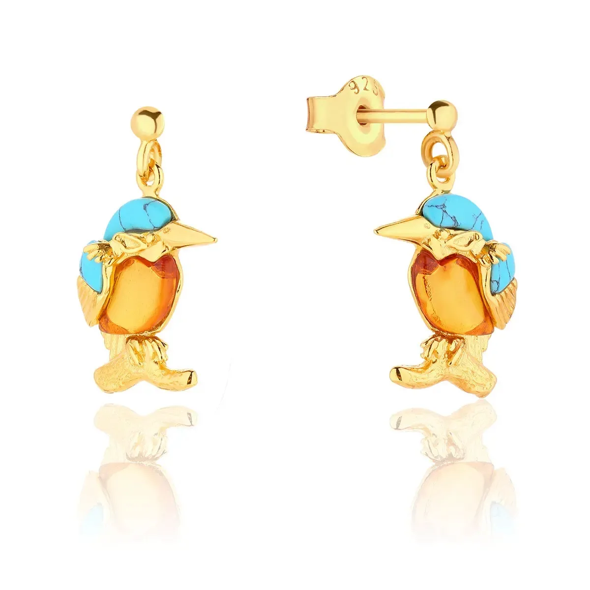 Kolczyki wiszące srebrne pozłacane ptaszki zimorodki z bursztynem mini Kingfishers