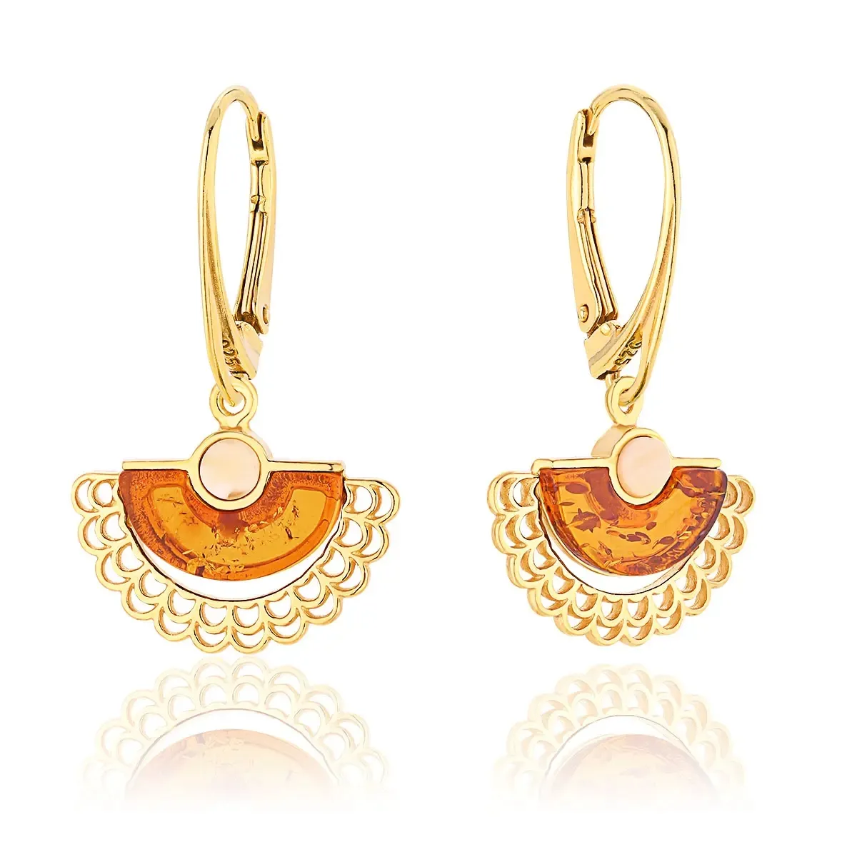 Kolczyki wiszące półksiężyce z koniakowym bursztynem