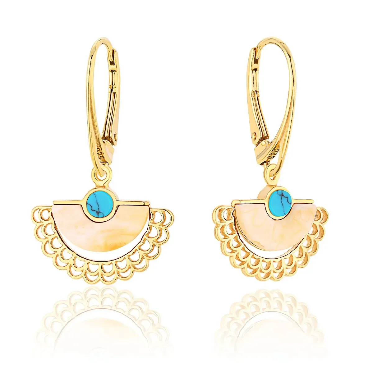 Kolczyki wiszące półksiężyce z mlecznym bursztynem i turkusem