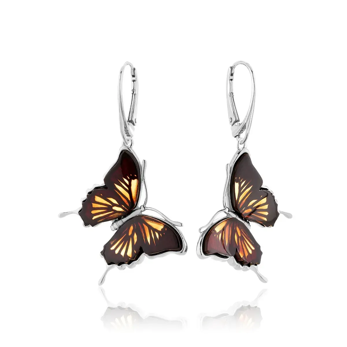 Kolczyki wiszące srebrne motyle z bursztynem Butterfly Touch