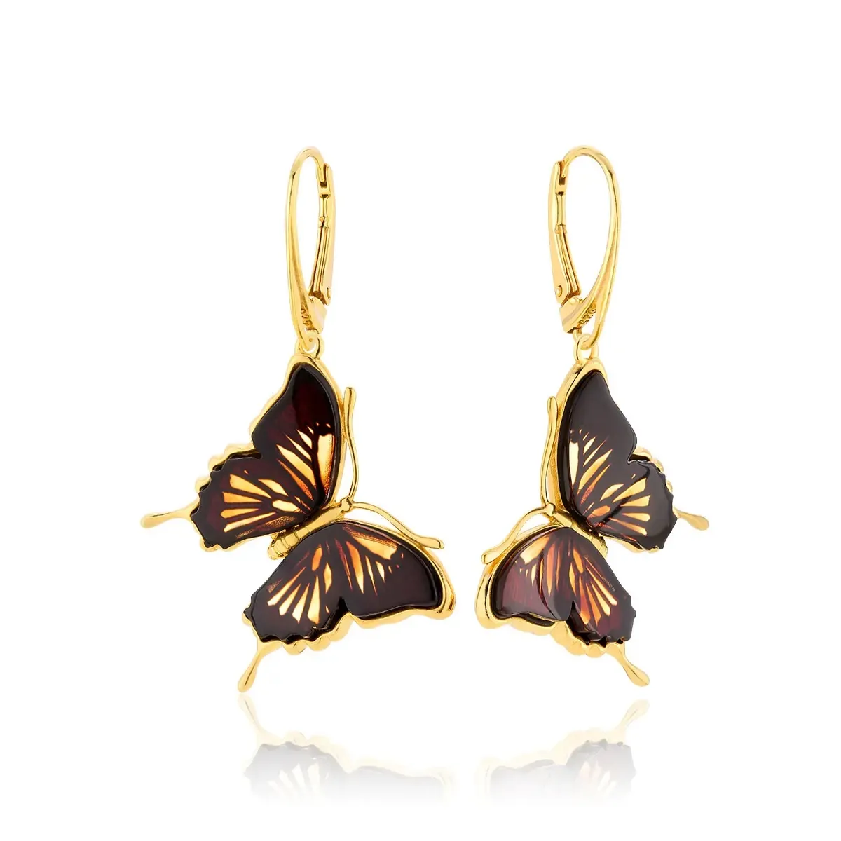 Kolczyki wiszące srebrne pozłacane motyle z bursztynem Butterfly Touch