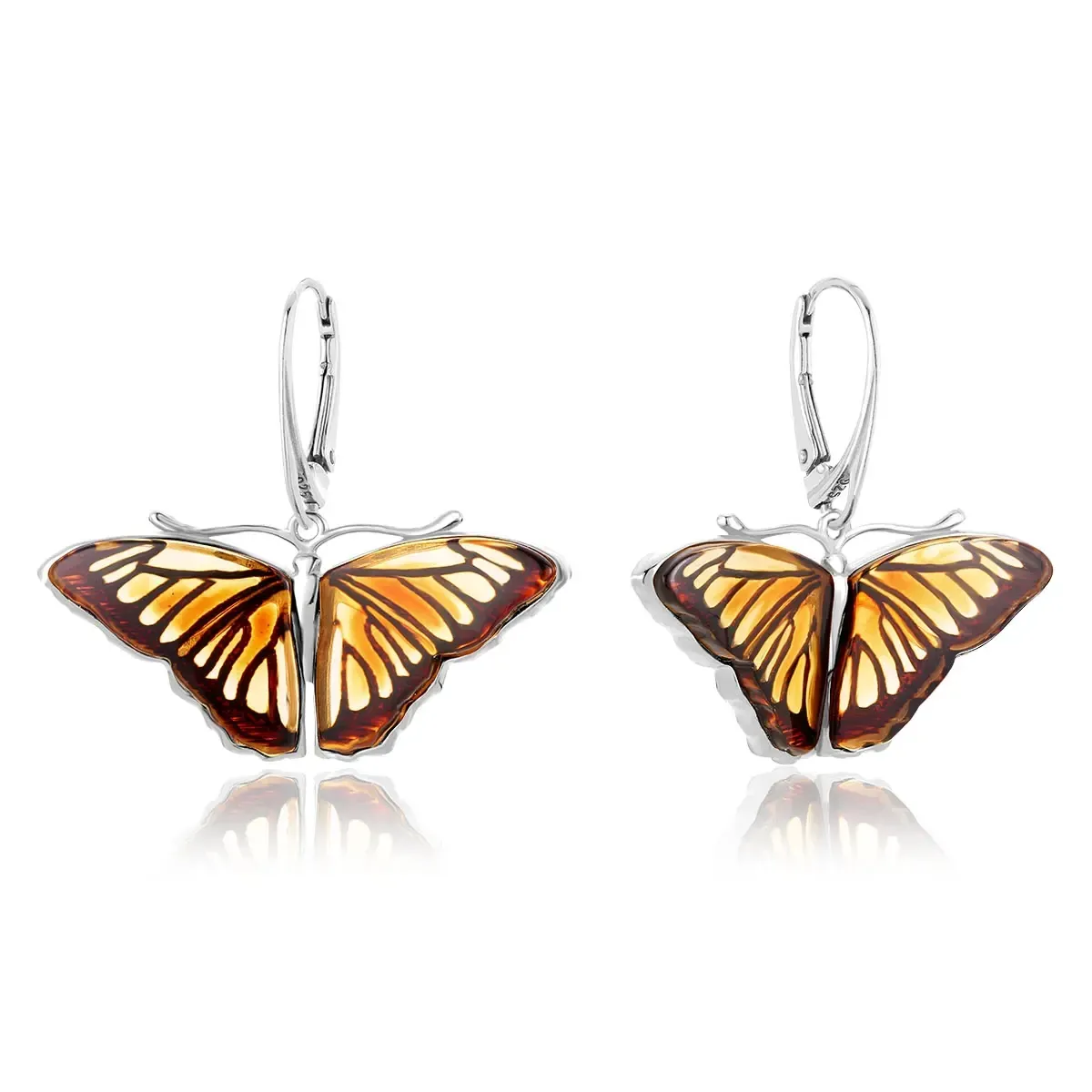 Kolczyki srebrne motyle peleides z bursztynem