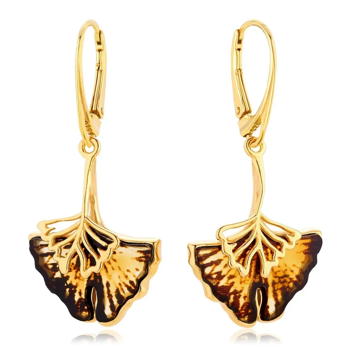 Kolczyki srebrne pozłacane liście miłorzębu z bursztynem Ginkgo Leaves