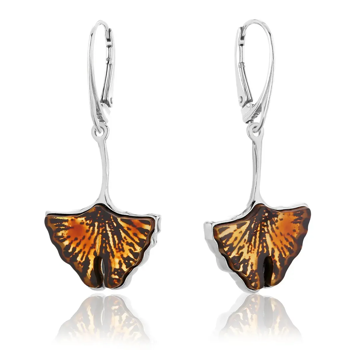 Kolczyki srebrne liście miłorzębu z bursztynem mini Ginkgo Leaves