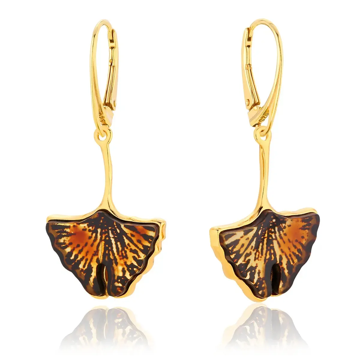 Kolczyki srebrne pozłacane liście miłorzębu z bursztynem mini Ginkgo Leaves