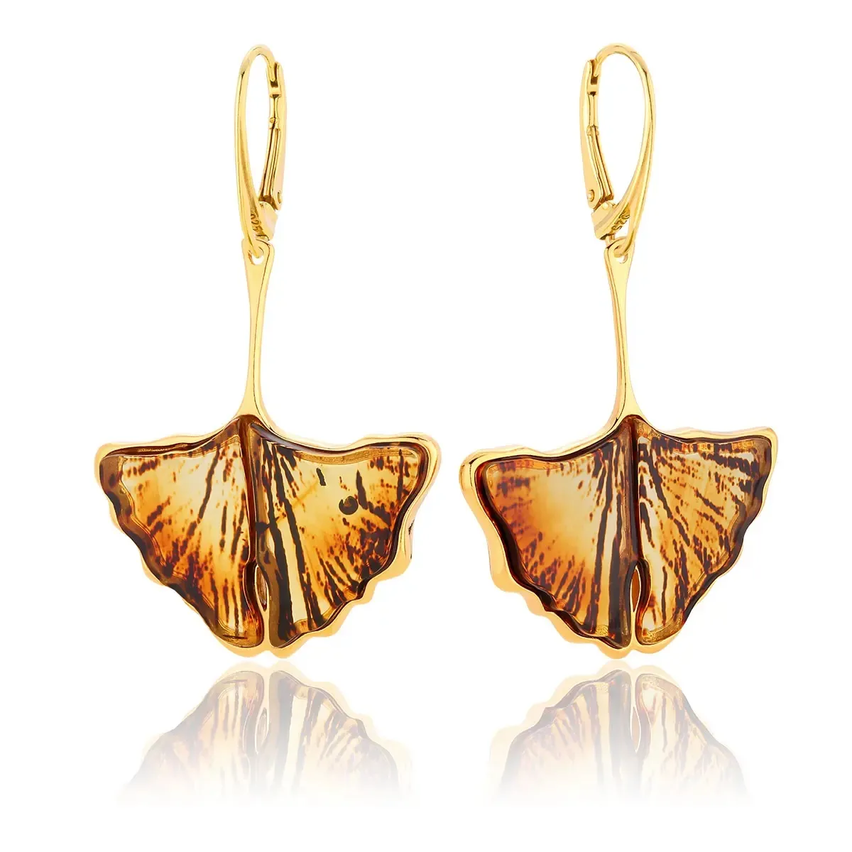Kolczyki srebrne pozłacane liście miłorzębu z bursztynem Big Ginkgo Leaves