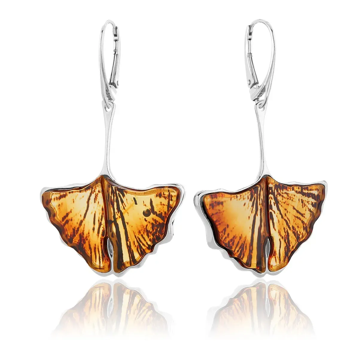 Kolczyki srebrne liście miłorzębu z bursztynem Big Ginkgo Leaves