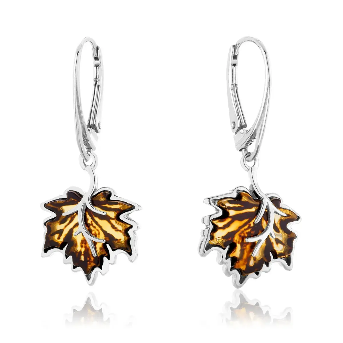 Kolczyki srebrne liście klonu z bursztynem mini Maple Leaves