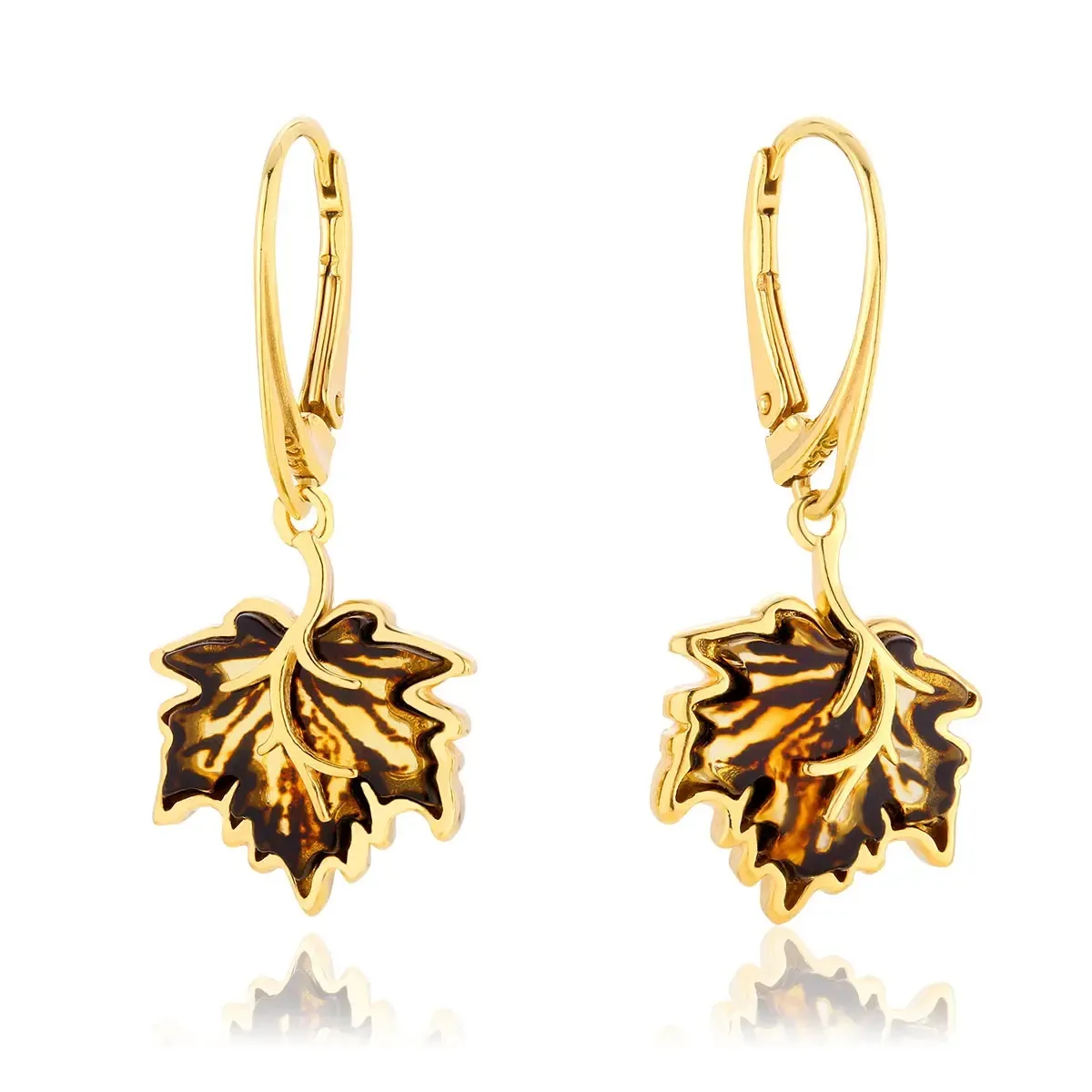 Kolczyki srebrne pozłacane liście klonu z bursztynem mini Maple Leaves