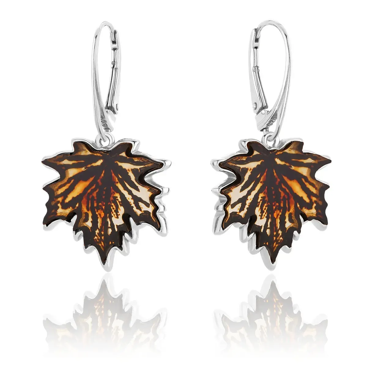 Kolczyki srebrne liście klonu z bursztynem Maple Leaves