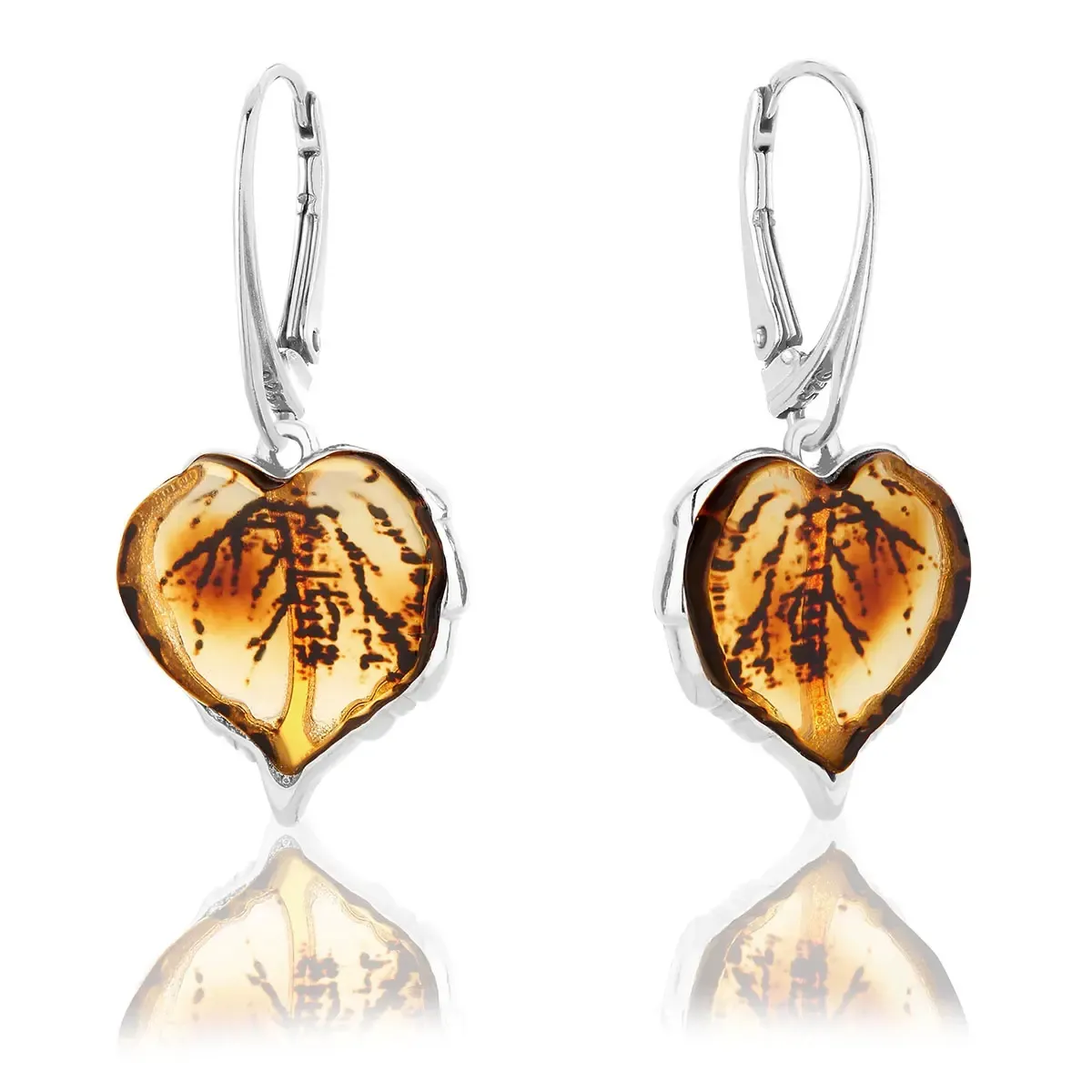 Kolczyki srebrne liście lipy z bursztynem Linden Leaves