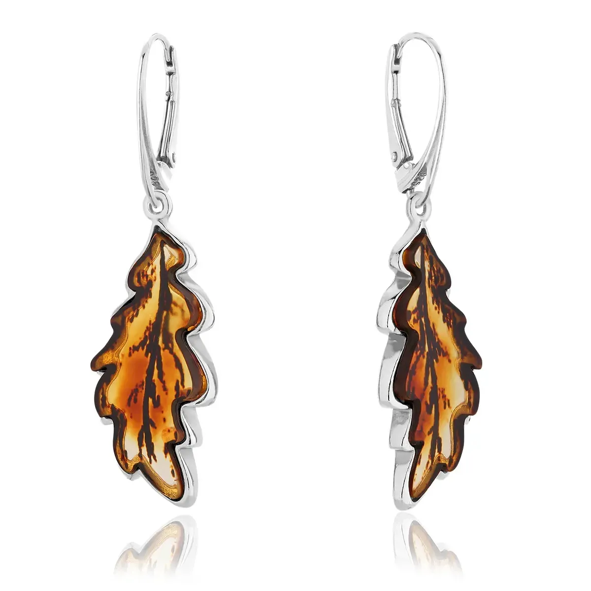Kolczyki srebrne liście dębu z bursztynem Oak Leaves