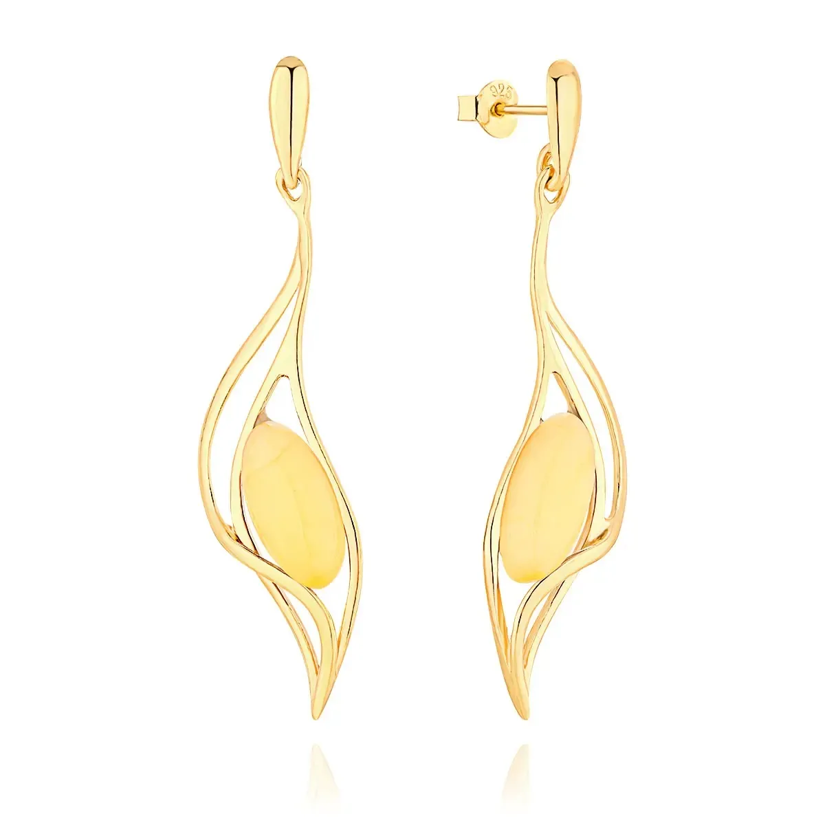 Długie kolczyki srebrne pozłacane z mlecznym bursztynem