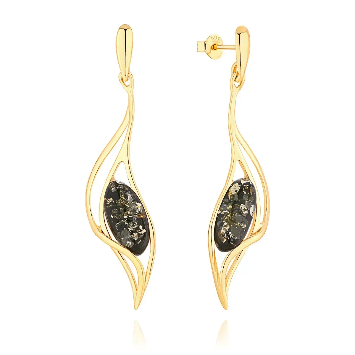 Długie kolczyki srebrne pozłacane z zielonym bursztynem