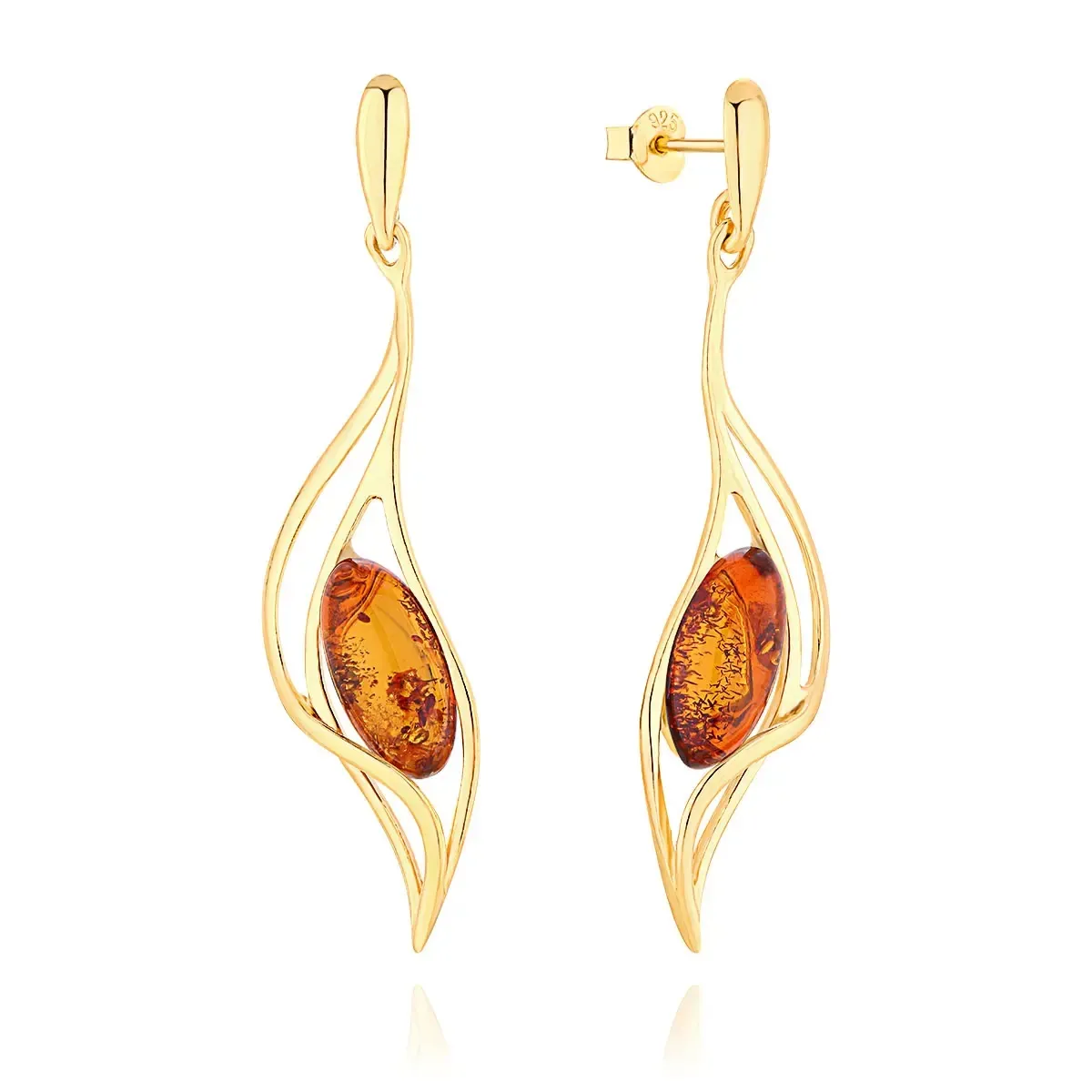 Długie kolczyki srebrne pozłacane z koniakowym bursztynem