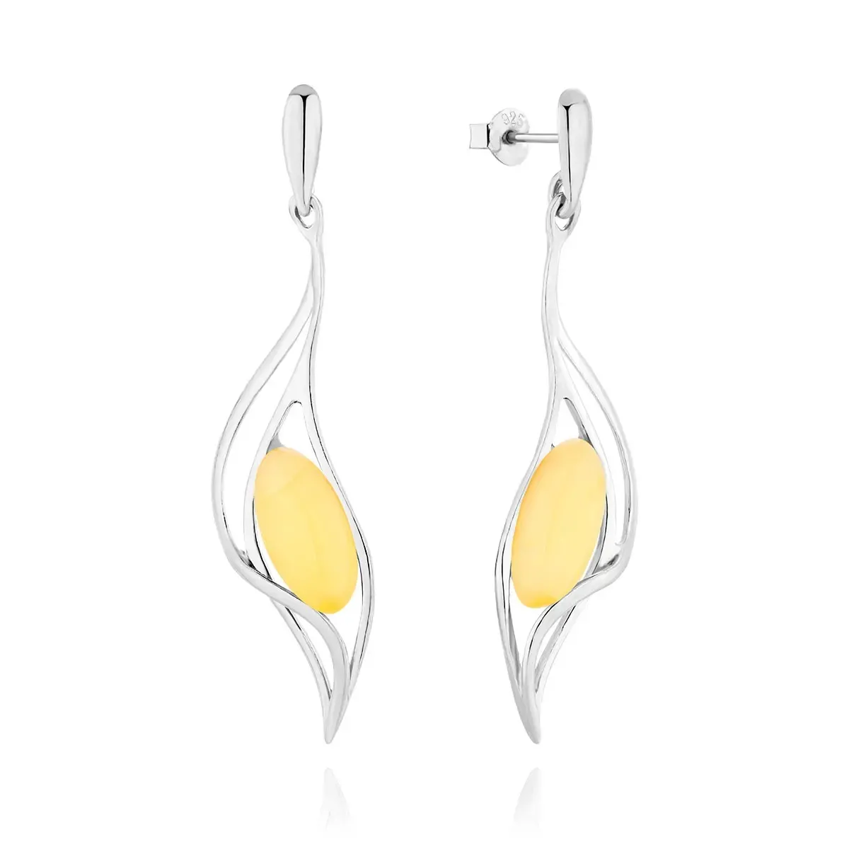 Długie kolczyki srebrne z mlecznym bursztynem