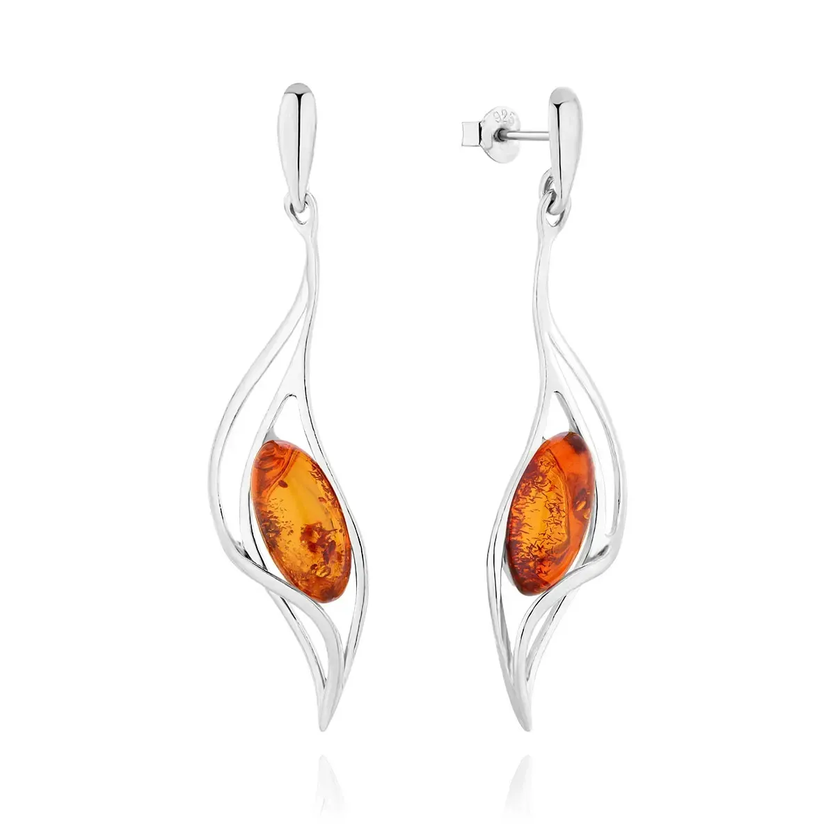 Długie kolczyki srebrne z koniakowym bursztynem